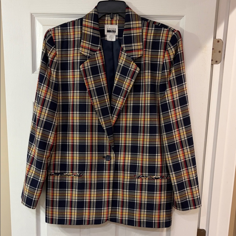 Vintage plaid women’s blazer jacket navy yellow red Leslie Fay Sportswear